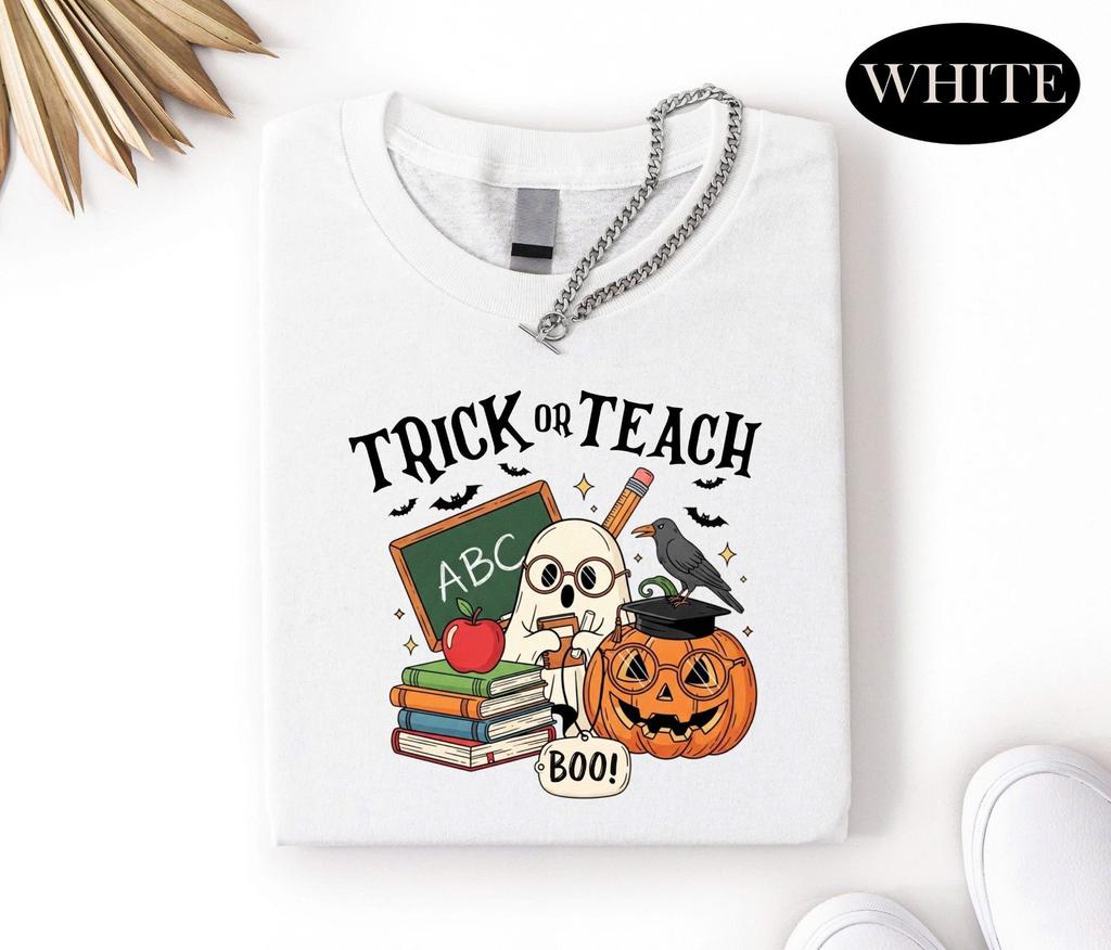 Футболка "Trick or Teach", Хэллоуинская футболка для учителя, Забавная футболка для учителя на Хэллоуин