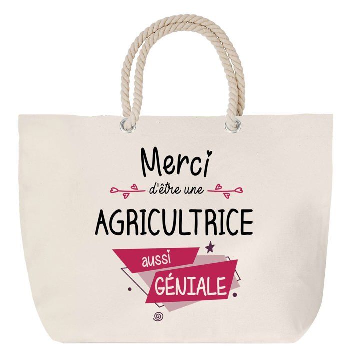 Sac de plage - PLANETEE - Merci Agricultrice Géniale - Anse corde - Grand format - Coton multicolore