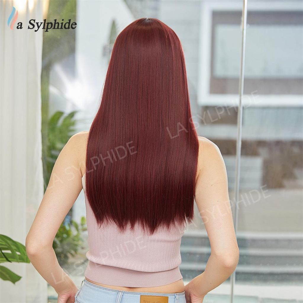 Women's Cross-Border Wigs: Long Straight Hair with Bangs, High-Temp Synthetic, Full Coverage, Available In Black, Red-Brown, Orange, and Pink.