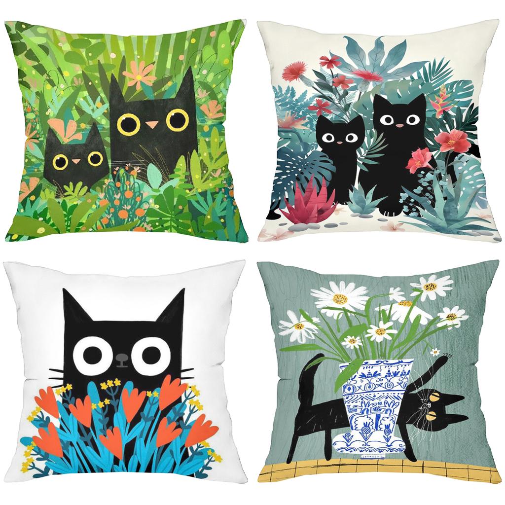 Black Cat and Floral Pattern Decorative Throw Pillow Cover D Printed Polyester Sofa Cushion Case for Home Decor