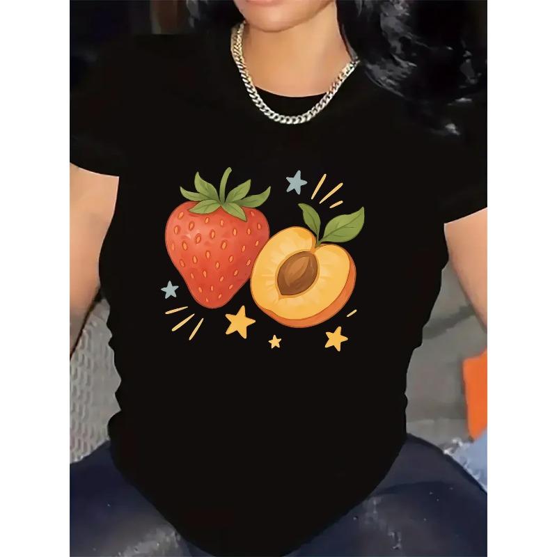 Cotton Short Sleeve T-Shirt with Strawberry and Peach Print, Lightweight and Durable, Perfect for Casual Wear at Home or Restaurant,