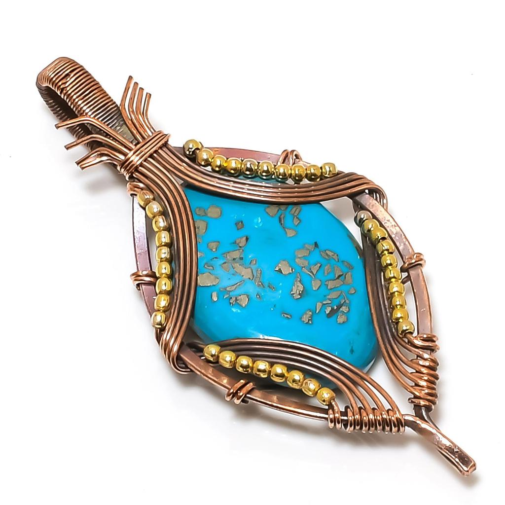 Бирюзовый кулон, обернутый медной проволокой 999 пробы, кулон ручной работы с драгоценным камнем, подарок на день рождения