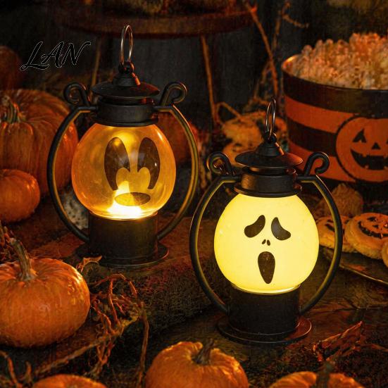 Safe Flameless Candle Halloween Ghost Face Night Light, Portable Retro LED Lamp with Hanging Decorative Lantern Ring, Battery Operated Vintage