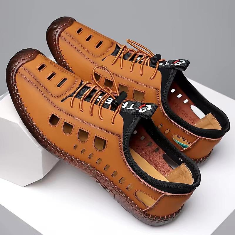 Sandals Men's Spring and Summer New Men's Casual Hollow Breathable Leather Shoes Anti-Slip Soft Sole Bag