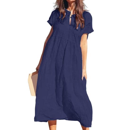Women's Cotton Linen Maxi Dress Casual Short Sleeve V-Neck Sundress Loose Beach