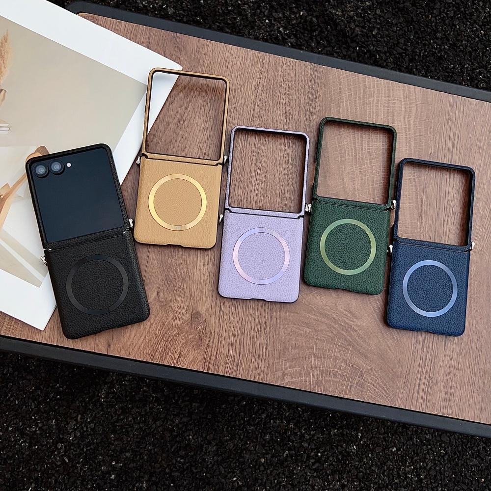 Luxury Lychee Pattern Leather Magnetic Wireless Charging Case For Samsung Galaxy Z Flip 8 7 6 5 4 Soft Bumper Shockproof Cover