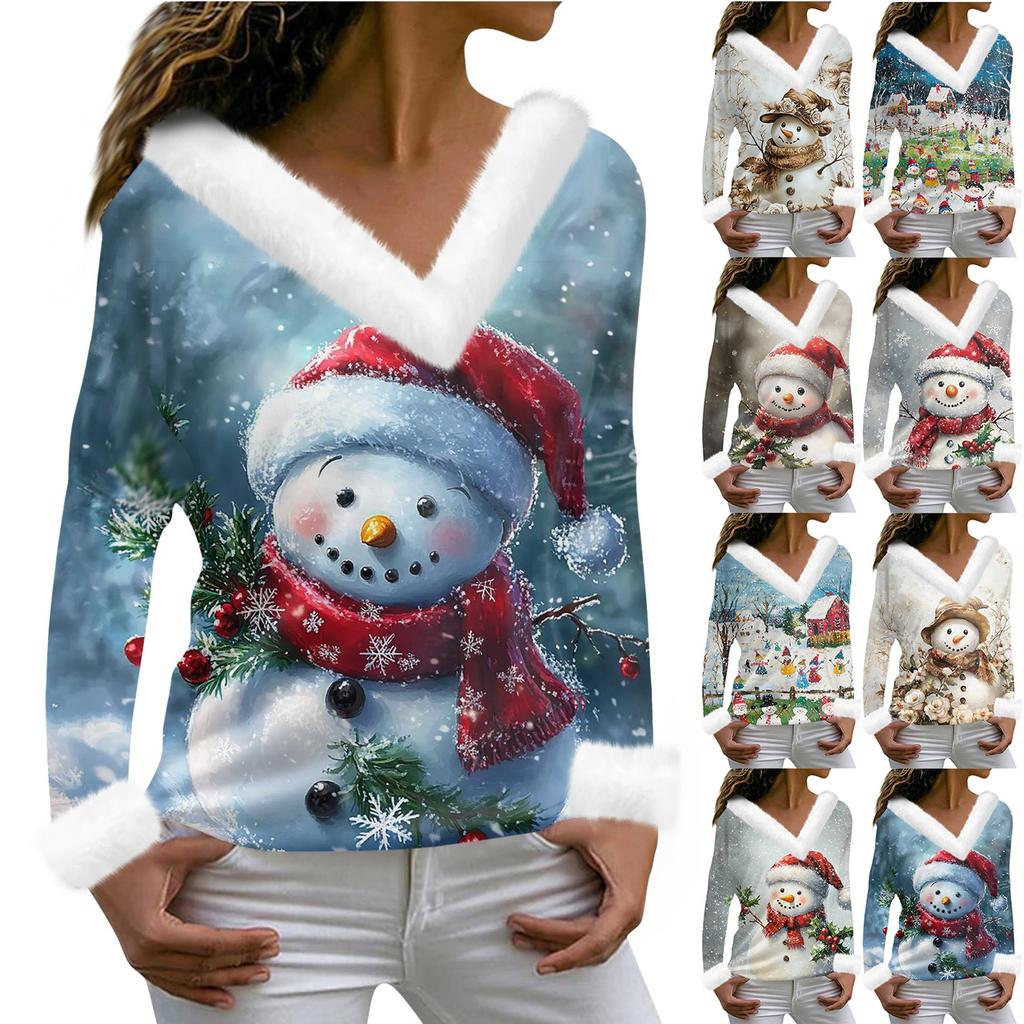 Женская футболка с рождественским принтом, длинный рукав, флисовый воротник, V-образный вырез, футболка