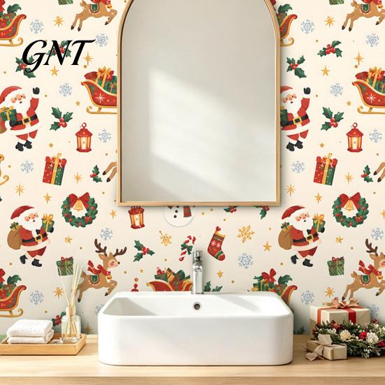 Easy to Stick Christmas Wall Mural Nutcracker Self-Adhesive Stickers, Thick PVC Wallpaper with Ballerina, Xmas Tree & Retro Cream Red Decor Reindeer,