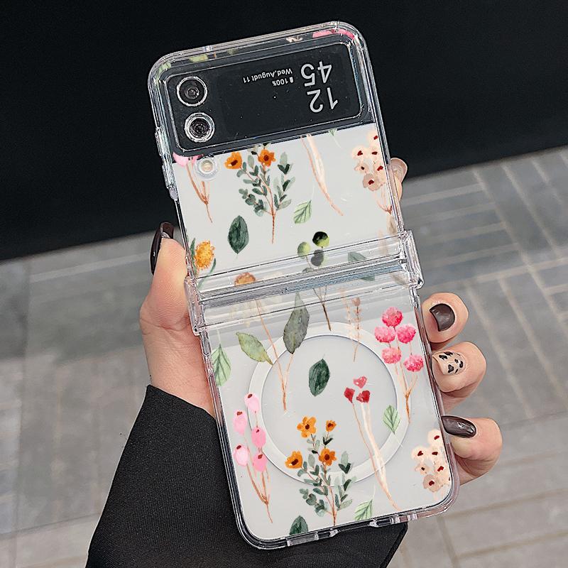 3шт складной противоударный чехол для Samsung Z Flip6 Flip5 Flip4 для Magsafe магнитный красивый цветочный узор прозрачный жесткий тонкий чехол для ПК