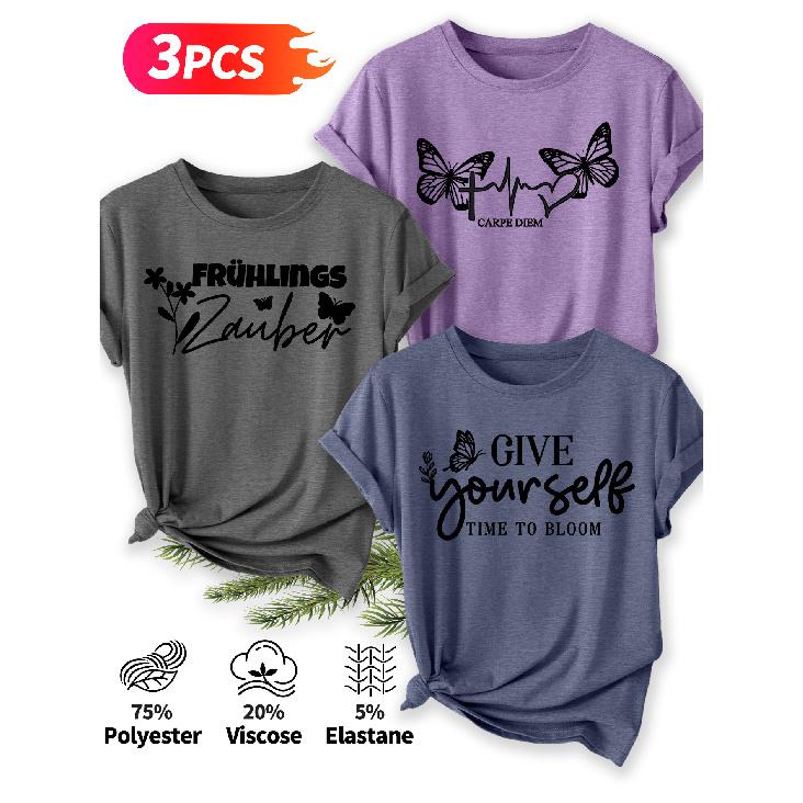 Three-piece set Elegant short-sleeved shirt for women Butterfly Spring Inspirational Slogan Print Pattern Round Neck Short Sleeve Casual Style