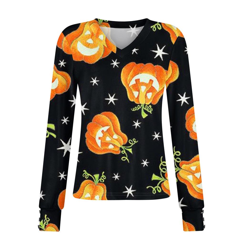 Женские топы с принтом на Хэллоуин, рубашка с длинным рукавом, V-образный вырез, повседневная свободная футболка, осенняя одежда