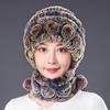 Women Winter Hat with Integrated Scarf Thick Warm Faux Rex Rabbit Fur Flower