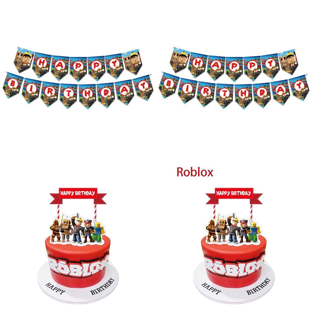 Набор принадлежностей для дня рождения в стиле Roblox, включающий яркий баннер, воздушные шары и топперы для торта для детей
