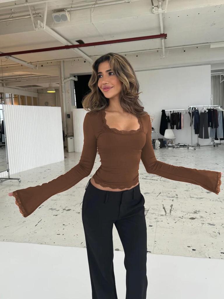 2025 Autumn/Winter Sexy Ribbed Lace-Trimmed Long-Sleeve U-Neck Top