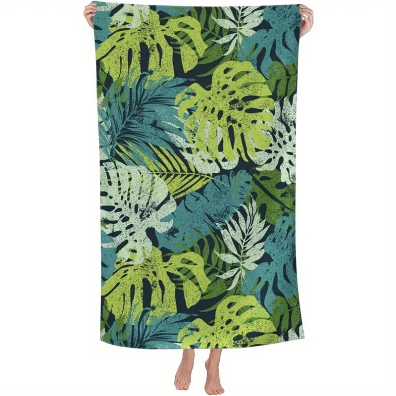 Green Tropical Leaves Beach Towel, Sun Protection Windproof Quick Dry Soft Blanket for Swimming Camping Travel Pool
