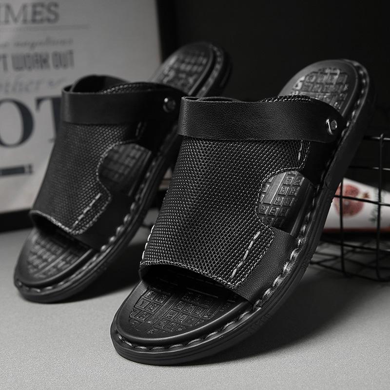 Модные мужские сандалии из натуральной кожи черного цвета, летние нескользящие прочные пляжные туфли для вождения, мужские повседневные туфли двойного назначения для папы