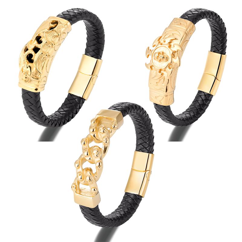 Мужской браслет в стиле панк с магнитной пряжкой, золотые браслеты с черепом, аксессуары из коровьей кожи, браслеты с подвесками, ювелирные изделия из нержавеющей стали, подарки