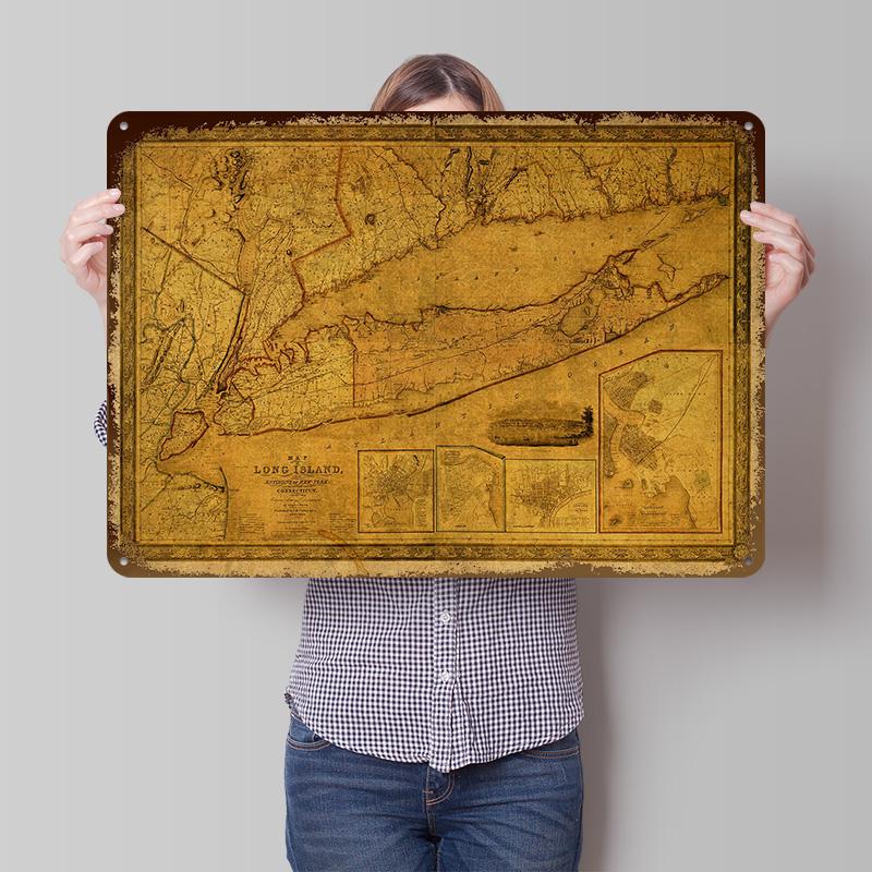 Vintage Map of Long Island Metal Poster Customized Wall Art Retro Vintage Tinplate Signs for Decoration Home Decorations House