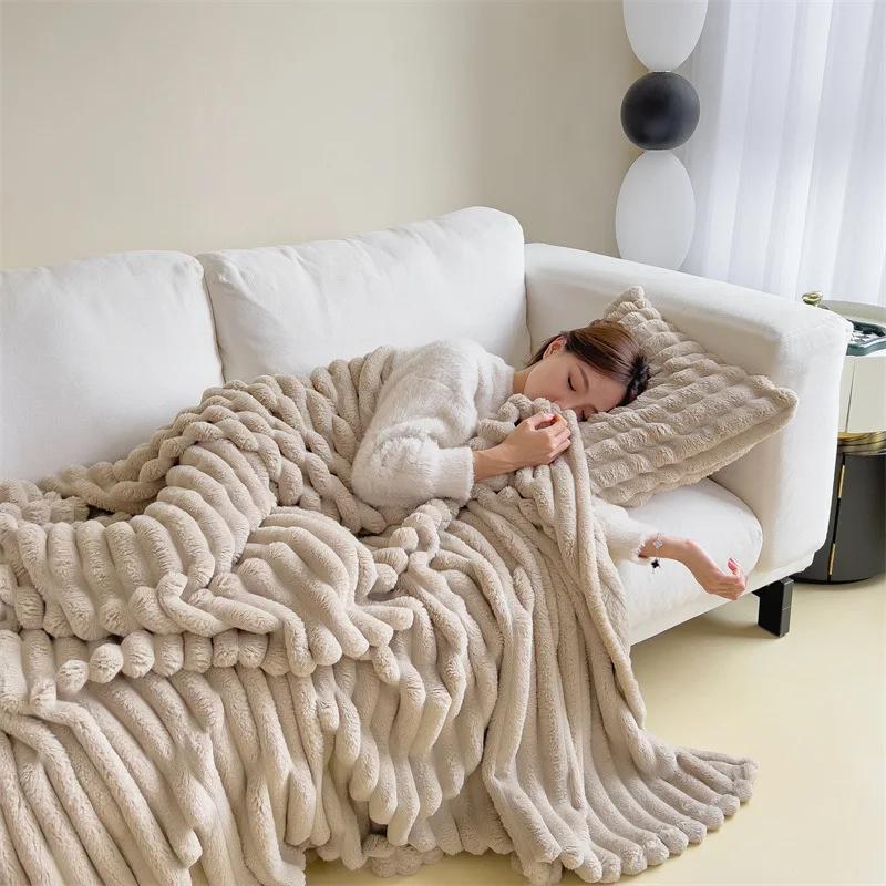 New Imitation Rabbit Plush Warm Blanket Set Or Only Blankets For Autumn Winter Soft Fluffy Warmth Lounger Sofa Throw Blankets