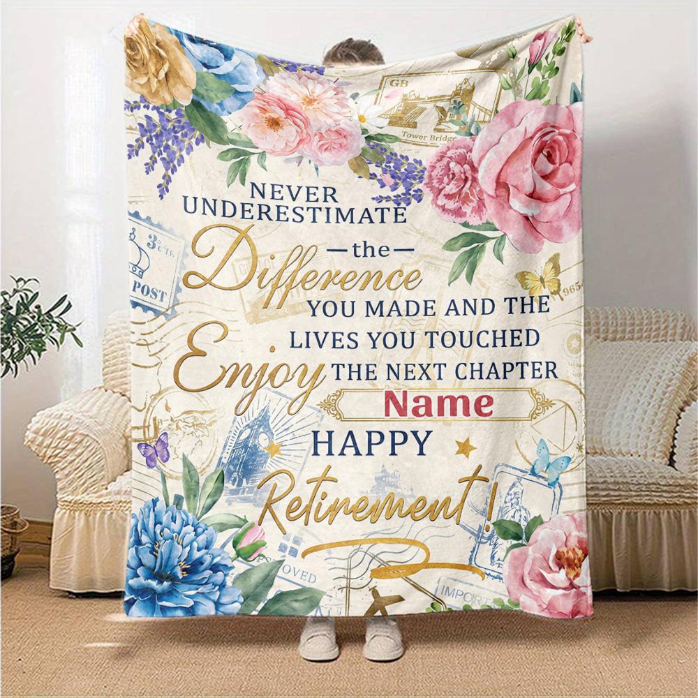 Retirement Celebration Floral Theme Blanket Personalized Name Soft Warm And Versatile For Sofa Bed Office And Travel Machine Washable Comfortable In