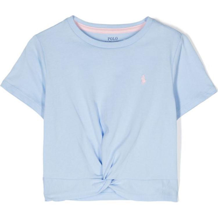 Футболка Polo Ralph Lauren Весна-Лето 24 Принт с логотипом Круглый вырез Узел Повседневная Короткий рукав Детские топы Светло-голубой 312935093-002