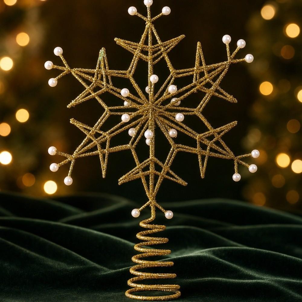 Iron Snowflake Tree Topper Pearl Accent Xmas Tree Top Ornament Christmas Scene
