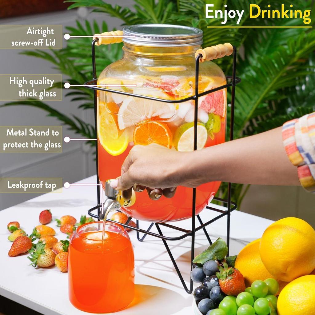Стеклянный диспенсер для воды на 4 литра с подставкой - Герметичная крышка Стеклянный кувшин для детокс-воды - Настольный диспенсер для сока, воды с фруктами, пива