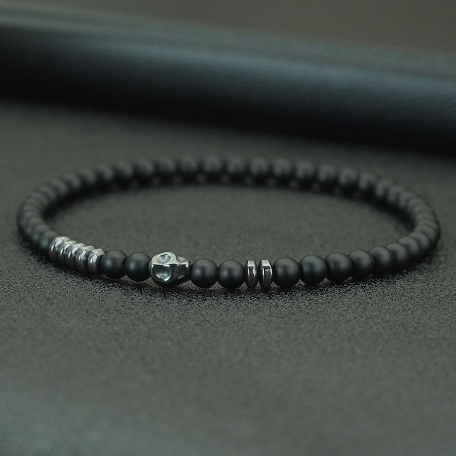 Stylish Men Skull Bracelet 4mm Onyx Howlite Obsidian Stone Strand Braslet Street Cool Riding Wrist Accessories Pulseria Hombre
