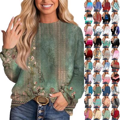 Женские повседневные свободные туники, топы с круглым вырезом, трикотажные ребристые рубашки с принтом, длинный рукав, пуловер, топ