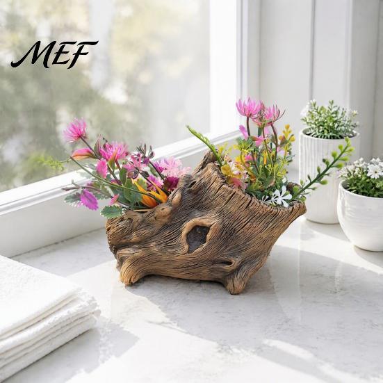 Compact Pots for Leafy Plants Resin Tree Stump Flowerpot Succulents Small Plants, Imitation Wood Grain Planter Leak Proof Planters Indoor Home Office