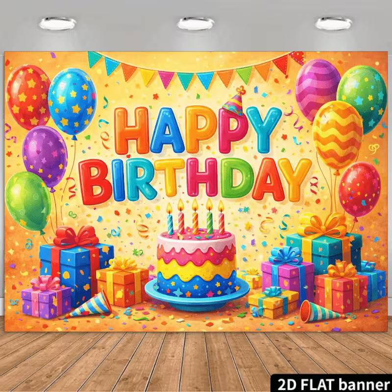2D Bright Rainbow Confetti Happy Birthday Backdrop Banner for Children Party Supplies