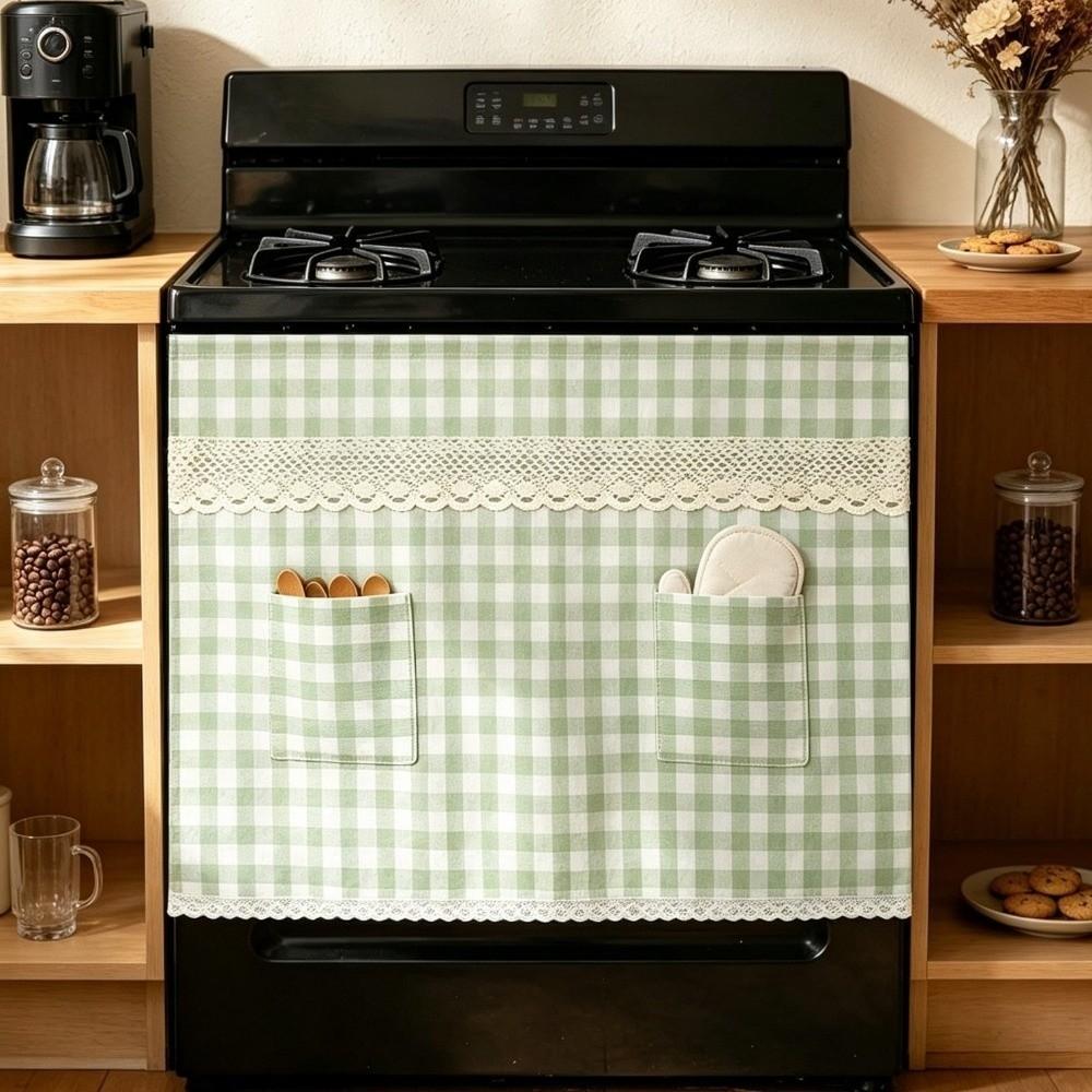Pastoral Style Farmhouse Oven Cover Checkered Stove Cover Skirt Handmade Hidden Curtain Dishwasher