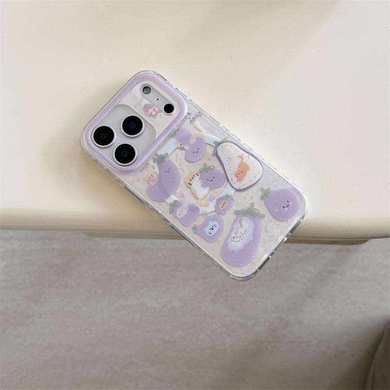 Магнитная подставка-кошка с блестками в виде баклажана для чехла iPhone 17/16 Pro Max/15/14