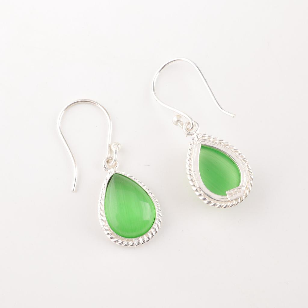 Green Cat's Eye Gemstone 925 Sterling Silver Jewelry Light Weight Earrings 1.40" EE-9-43