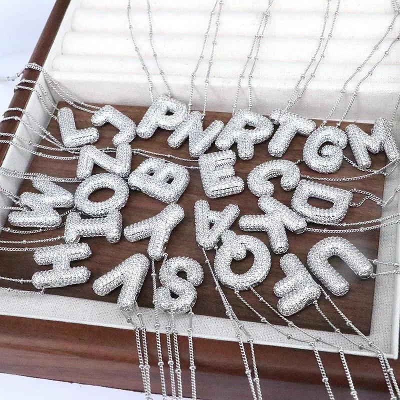 CZ Zircon Chunky Bubble Letters Pendant Necklace for Women Men Silver Color Initial A-Z Letter Necklace Charm Jewelry