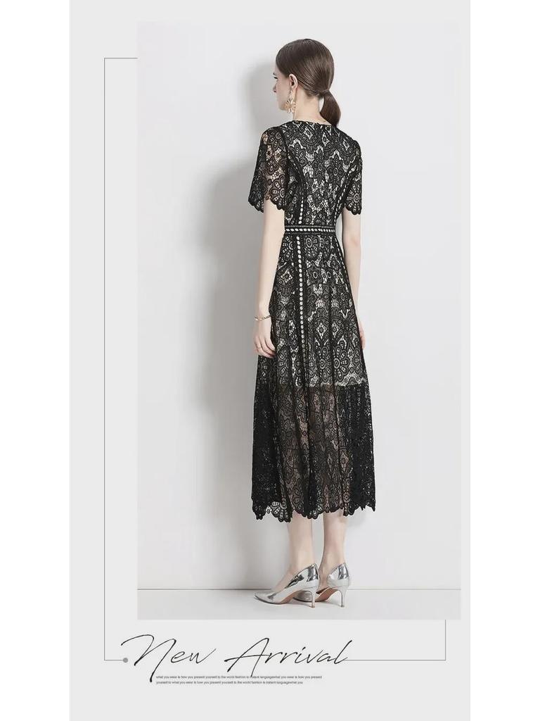 Юбка макси из водорастворимого кружева во французском стиле, слим-силуэт, круглый вырез, большой клеш