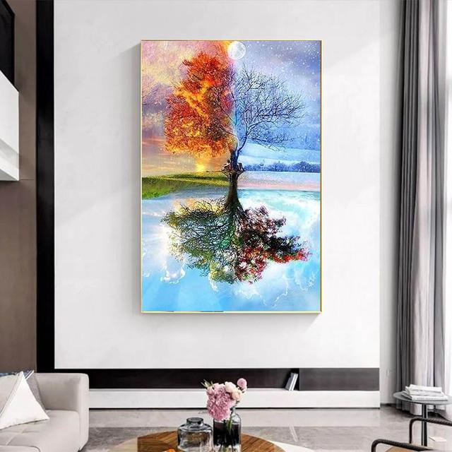 Рамка из цельного дерева Пейзаж Дерево Фэнтези Холст Картины Абстрактная Вышивка Мозаика Художественные Фотографии для Гостиной Домашнего Настенного Художественного Декора