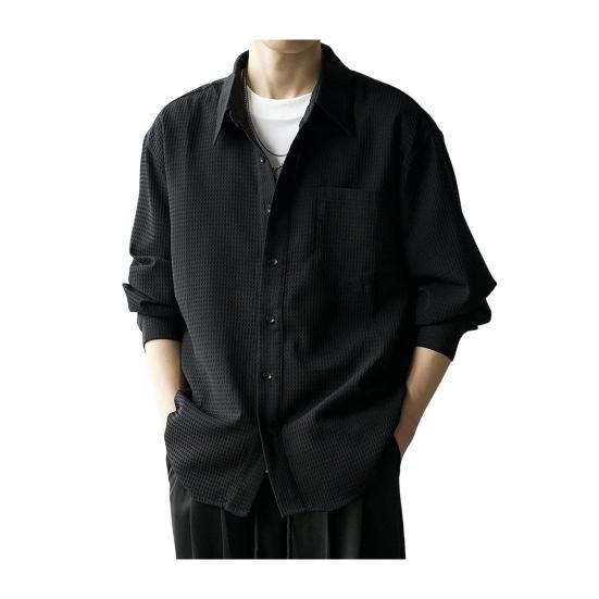 Мужская вафельная рубашка на пуговицах с длинным рукавом, повседневная свободная футболка с нагрудным карманом, мужская осенняя деловая рубашка