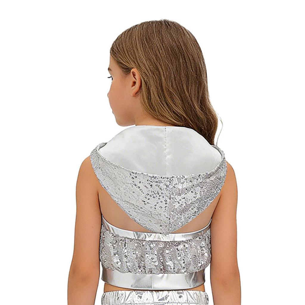 Sleeveless Backless Hooded Crop Top for Girls: Front Zipper Sparkling Sequins Dancewear for Hip-Hop Jazz Performance