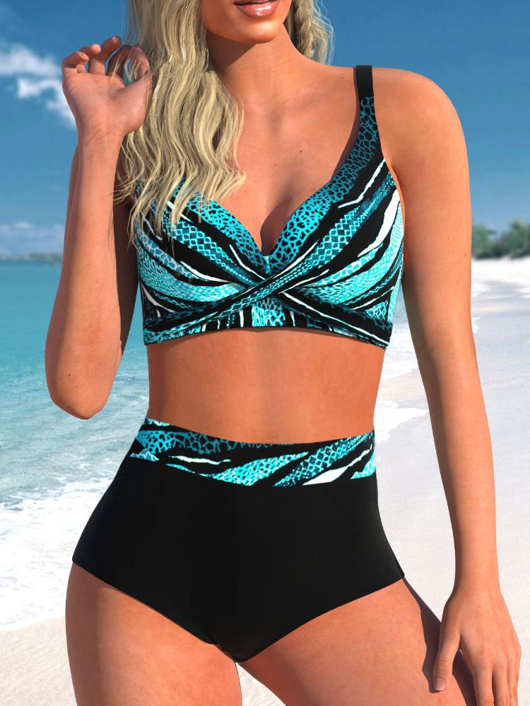 New Sexy Bikini Set Low Waist Swimwear Women's Push Up Swimwear Line Print Two Piece Beach Swimwear S-5XL