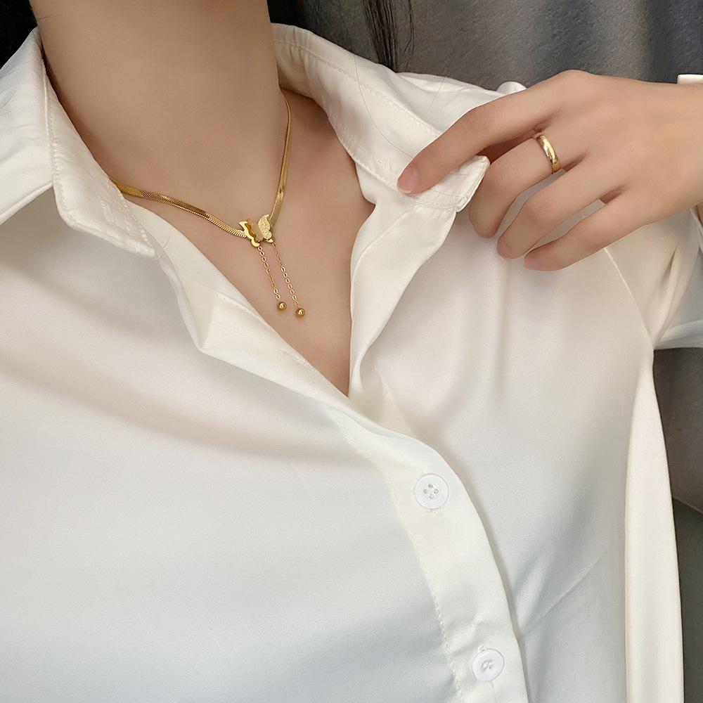 Gold Plated Butterfly Pendant Necklace with Snake Bone Chain and Tassel - Stainless Steel, Fashion Luxury for Women