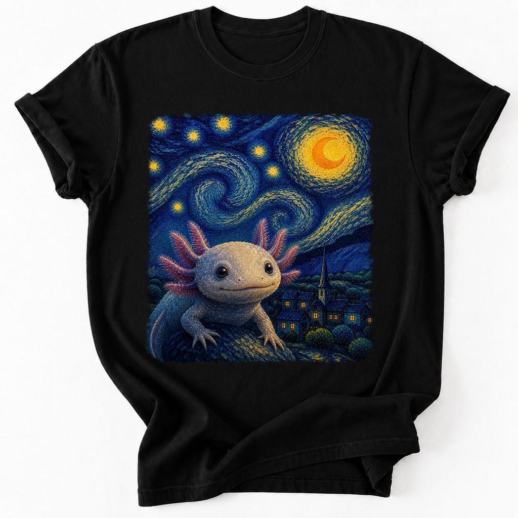 Starry Night Axolotl T-Shirt | Van Gogh Style Night Sky