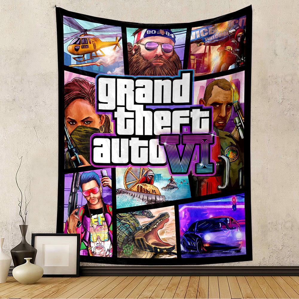 Гобелен GTA VI для стены, Постерное искусство Grand Theft Auto 6, Декор стены для геймера в спальню, гостиную, общежитие