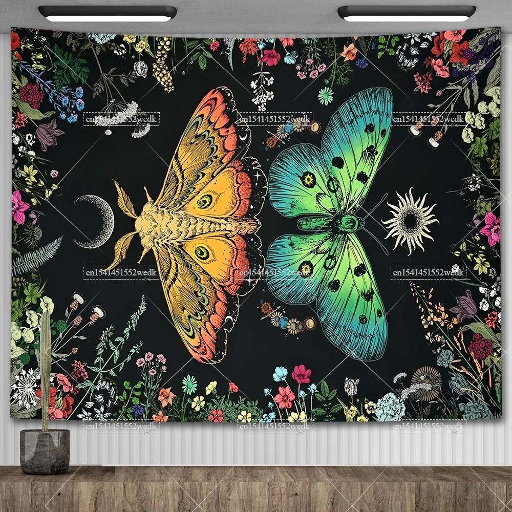 Гобелен со скелетом и бабочкой, черно-белый череп, грибной гобелен, хиппи, эстетический декор комнаты, настенные фоновые полотна