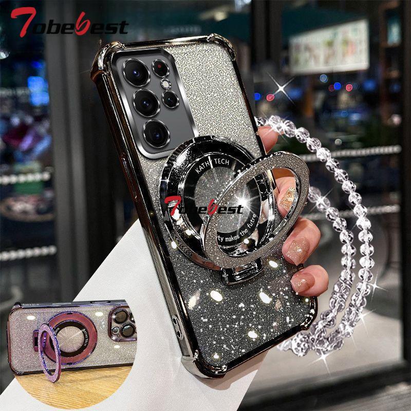 Противоударный чехол-подставка для телефона с кристальным браслетом с блестящим покрытием для Samsung Galaxy S25 S24 S23 S22 S21 S20 Ultra Plus FE