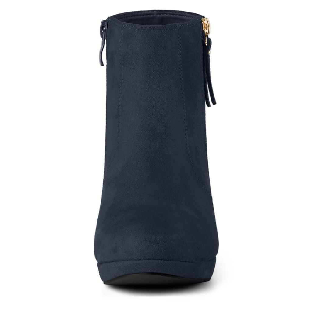 Allegra K Women's Navy Blue Ankle Boots with Side Zipper, Low Platform, and Chunky Heel, Size 23.0 cm