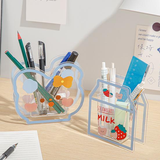 Прозрачный акриловый держатель для ручек в форме мультяшного молока/медведя, настольный ящик для хранения кистей для макияжа, органайзер для домашнего офиса, школьных принадлежностей
