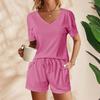 Yousheng 2 шт./комплект женский летний наряд футболка с V-образным вырезом короткий рукав эластичный шнурок на талии шорты комплект однотонный свободный крой повседневный наряд
