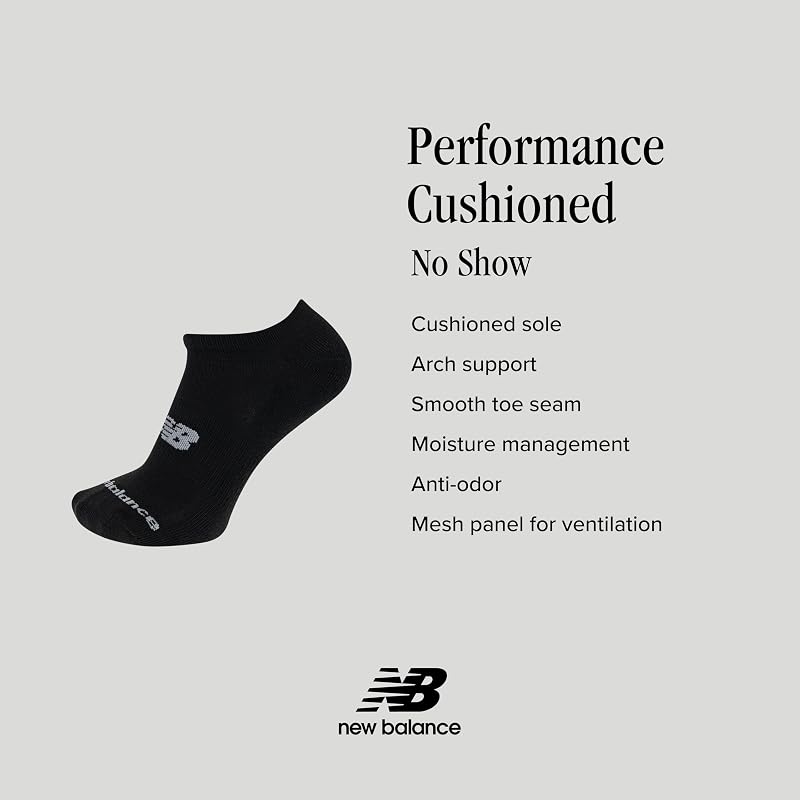 Носки New Balance Unisex для взрослых Performance Cushion No-Show - 6 пар и 12 пар - Отводящие влагу, Черные (6 пар), Средняя