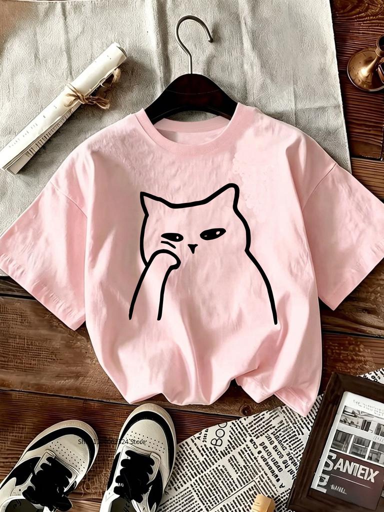 Cartoon Trendy Kawaii Cat Print T-shirt Women's Summer Round Neck Cute Cat Y2K Graphic Tee Summer Casual Woman Clothing